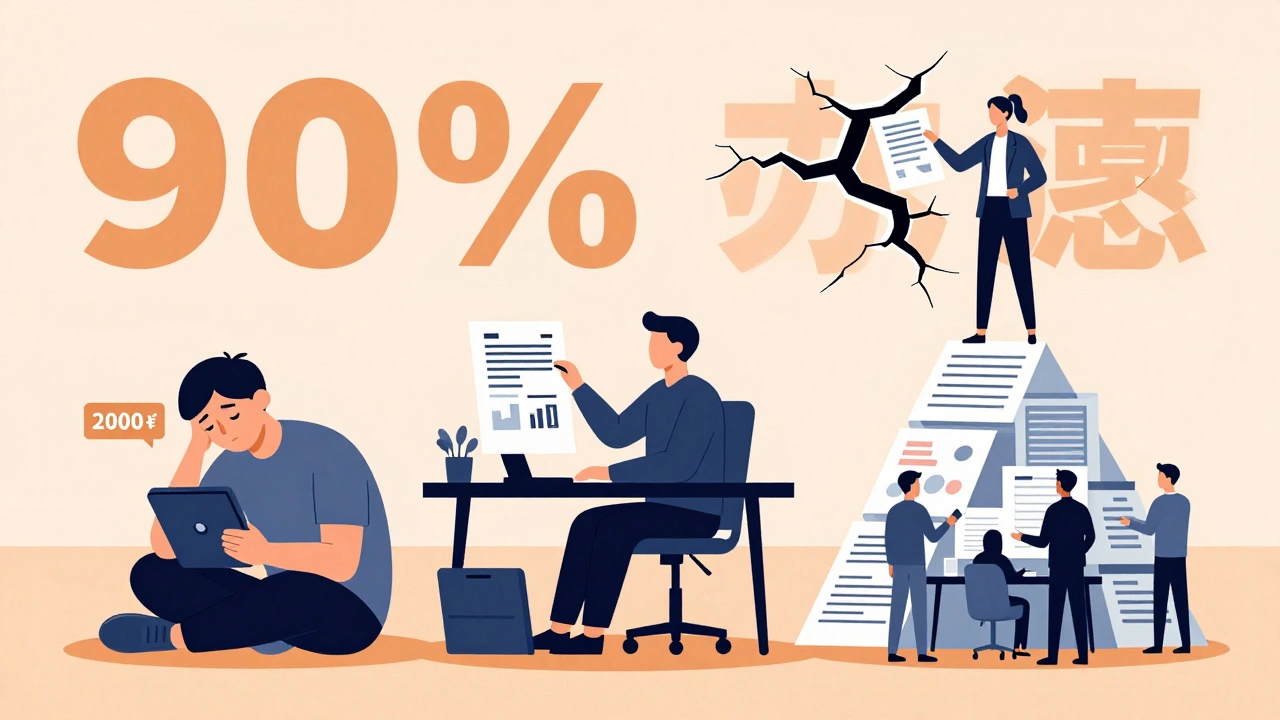 Три типа фрилансеров: новичок, профессионал и бизнесмен — изображены как силуэты на фоне разрушающегося мифа 90%.