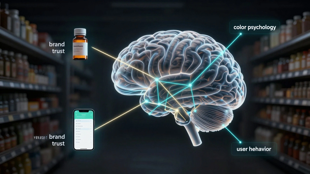 Абстрактное изображение мозга, связывающего психологию цвета и поведение пользователя с повседневными объектами.