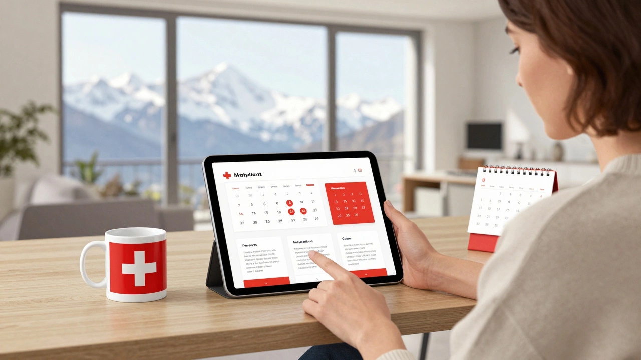 Дизайнер в Цюрихе смотрит на проект в окно, за окном — Альпы, рядом — кружка с символами Швейцарии.