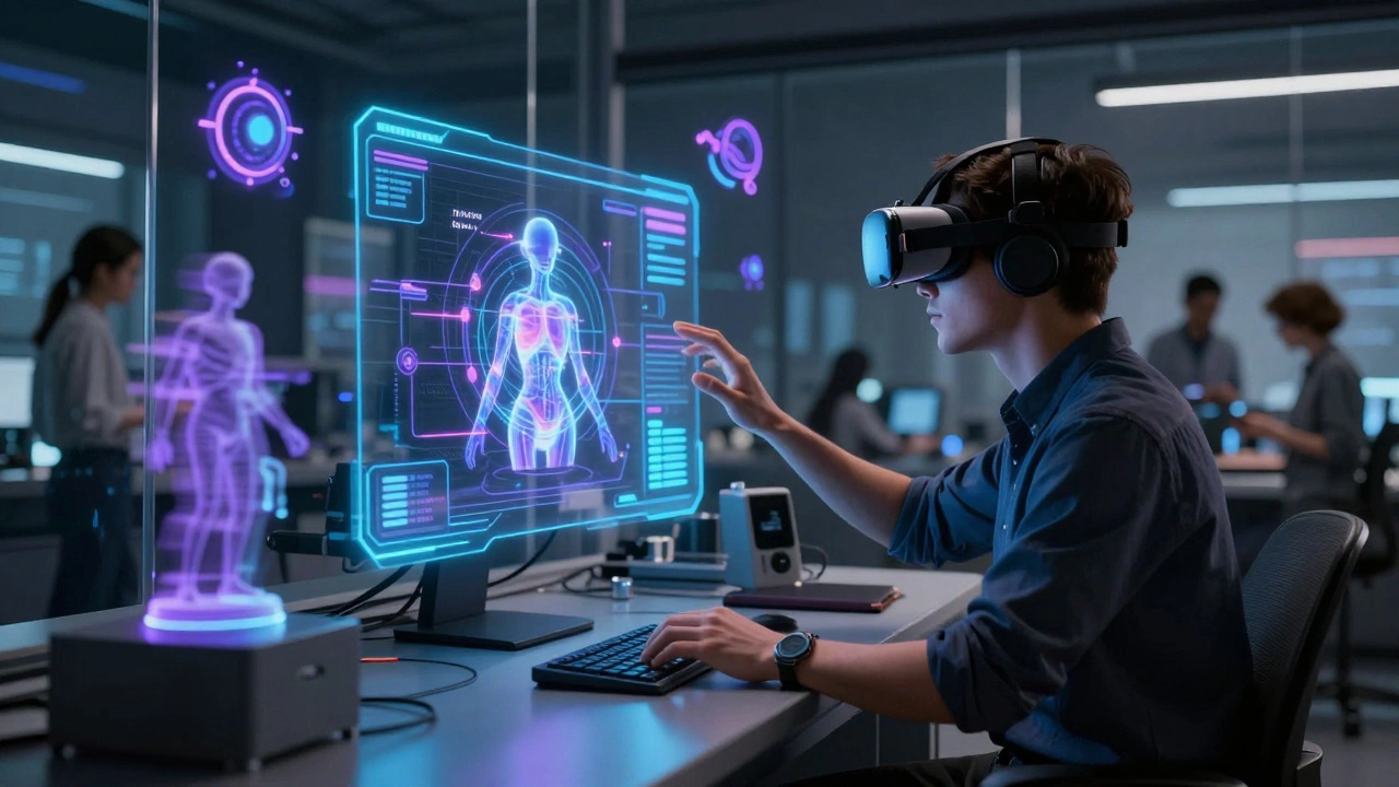 Дизайнер в VR-шлеме создаёт интерактивный 3D-интерфейс для медицинского тренажёра.