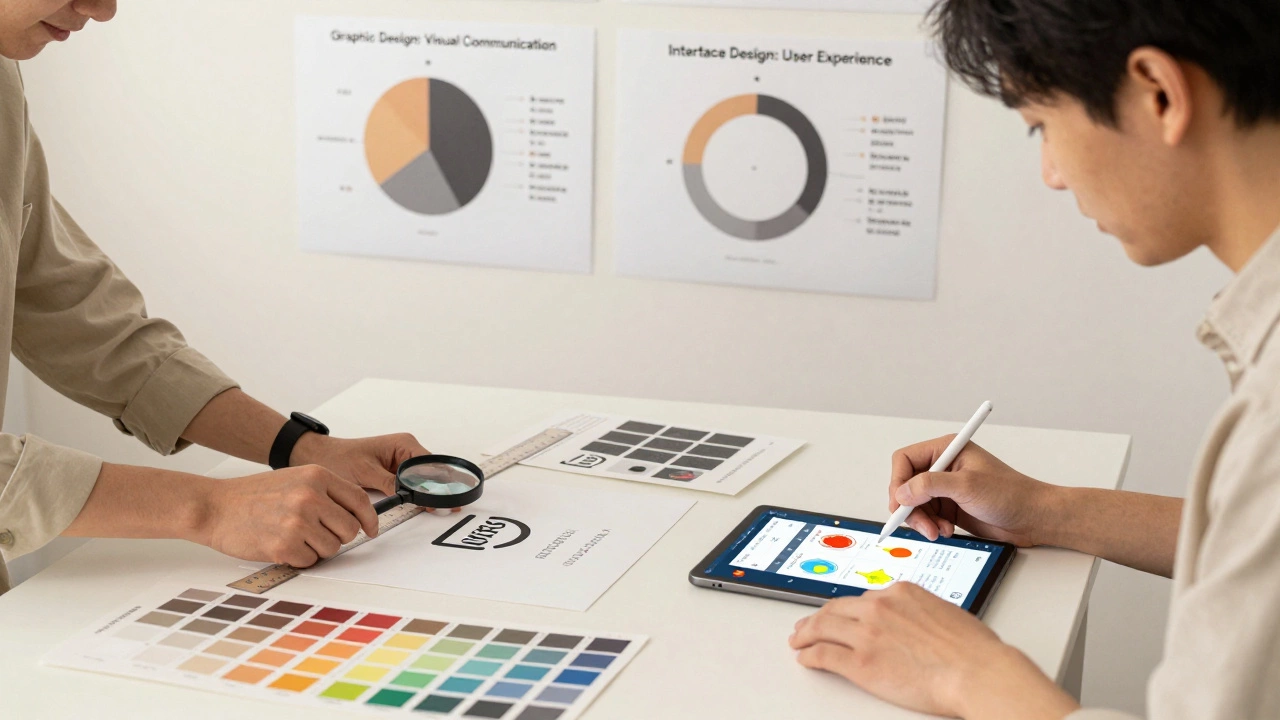 Два дизайнера работают рядом: один с упаковкой, другой — с интерфейсом приложения.