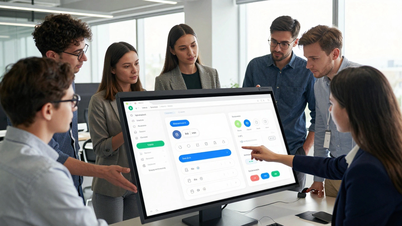 Команда дизайнеров разных возрастов обсуждает систему компонентов в офисе.