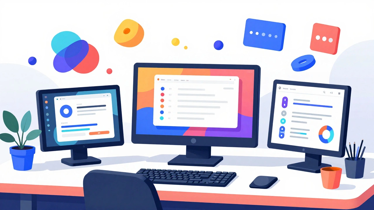 Рабочее место дизайнера с абстрактными интерфейсами и 3D-моделями без текста.