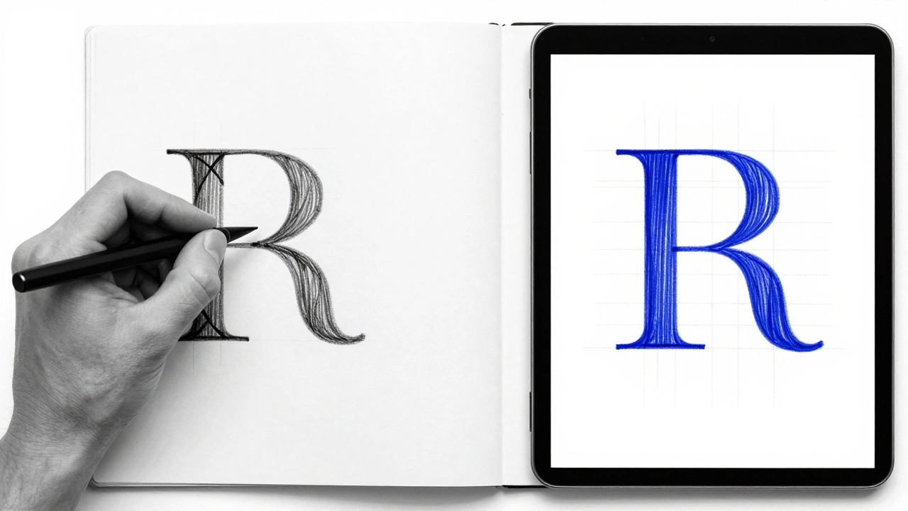 Рука рисует букву на бумаге — рядом цифровая версия с видимыми карандашными следами.