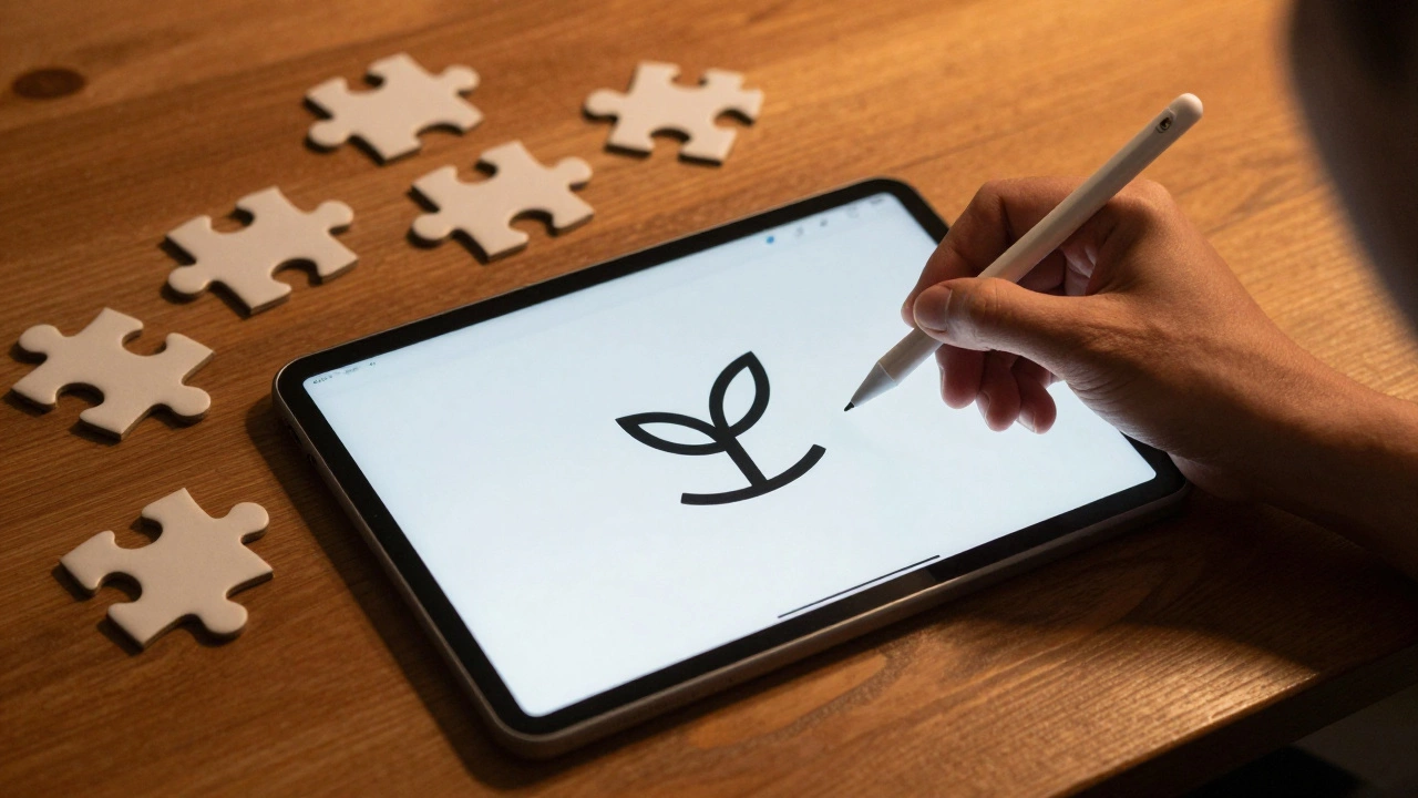 Рука рисует логотип на планшете, вокруг — пять неудачных попыток на столе.