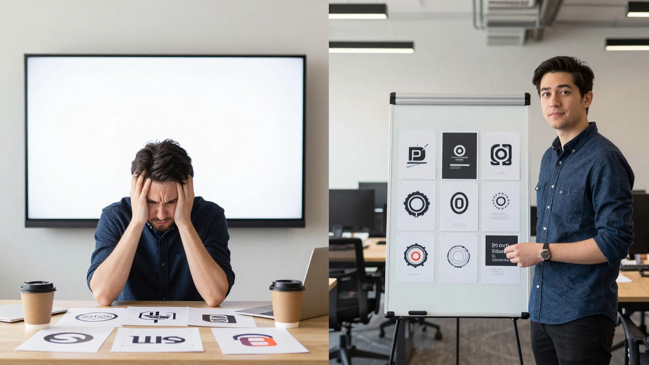 Сравнение: слева — новичок с неудачными набросками, справа — тот же человек с профессиональным портфолио на встрече с работодателем.