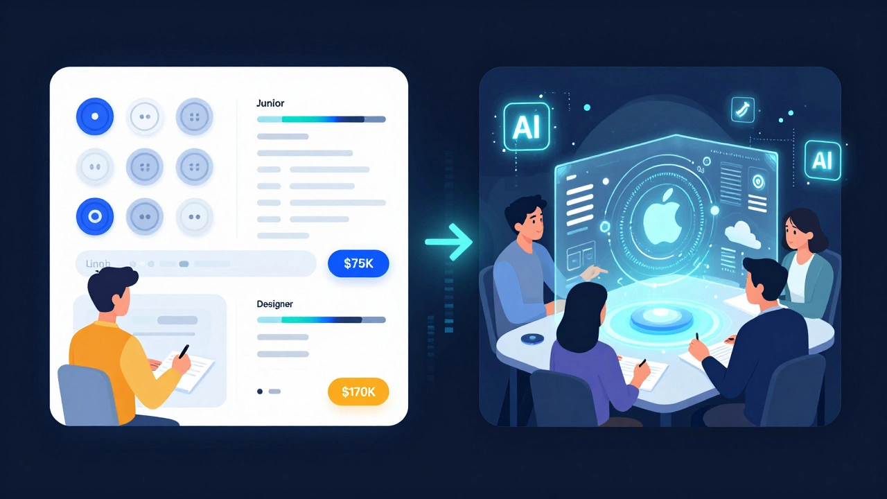 Сравнение зарплат новичка и опытного дизайнера: от простых элементов до стратегического дизайна с ИИ-аналитикой.