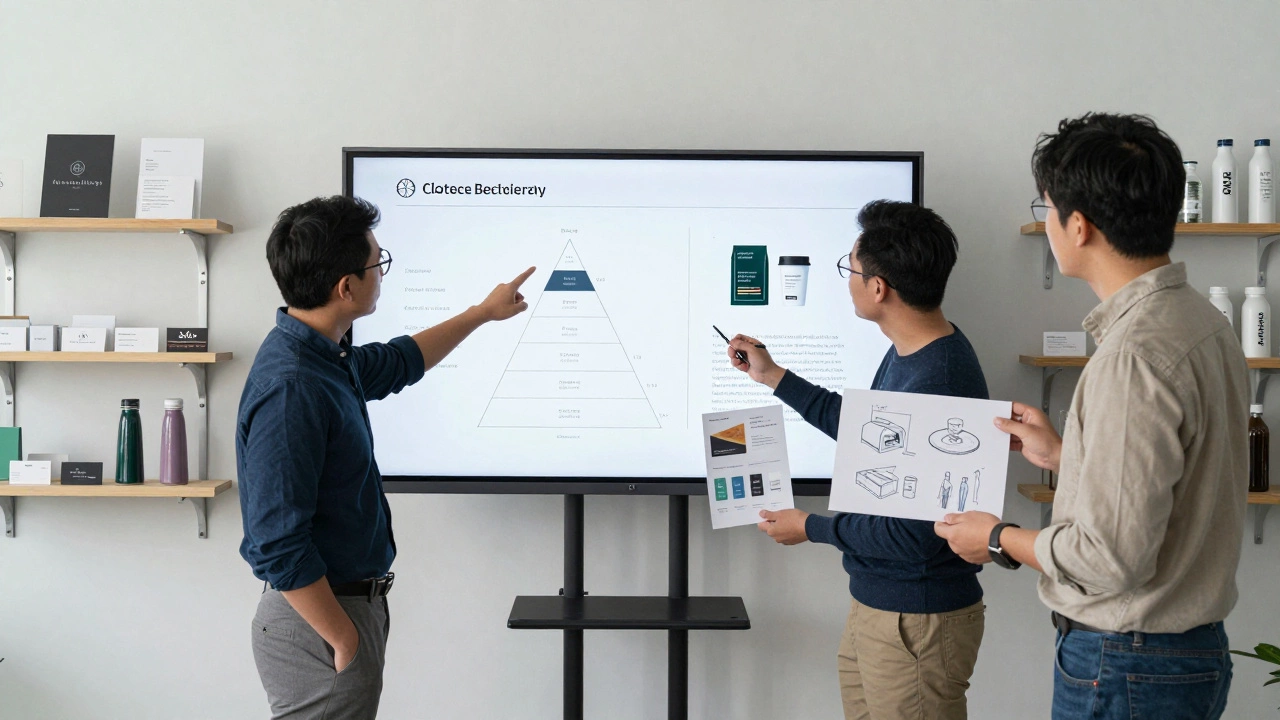 Три дизайнера обсуждают презентацию клиента, показывая реальные проекты: логотип, упаковку и рекламный баннер.