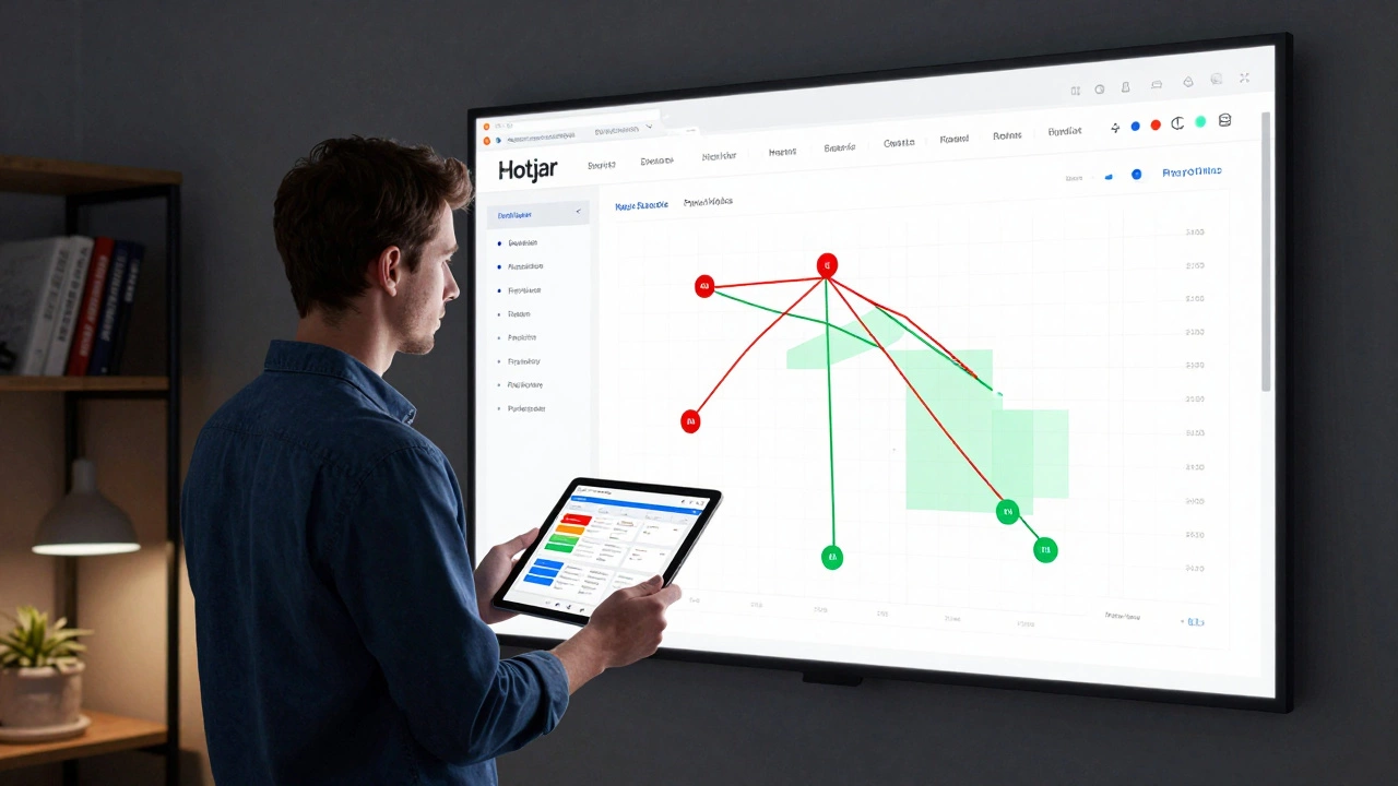 UX-дизайнер анализирует карты поведения пользователей на большом экране данных.