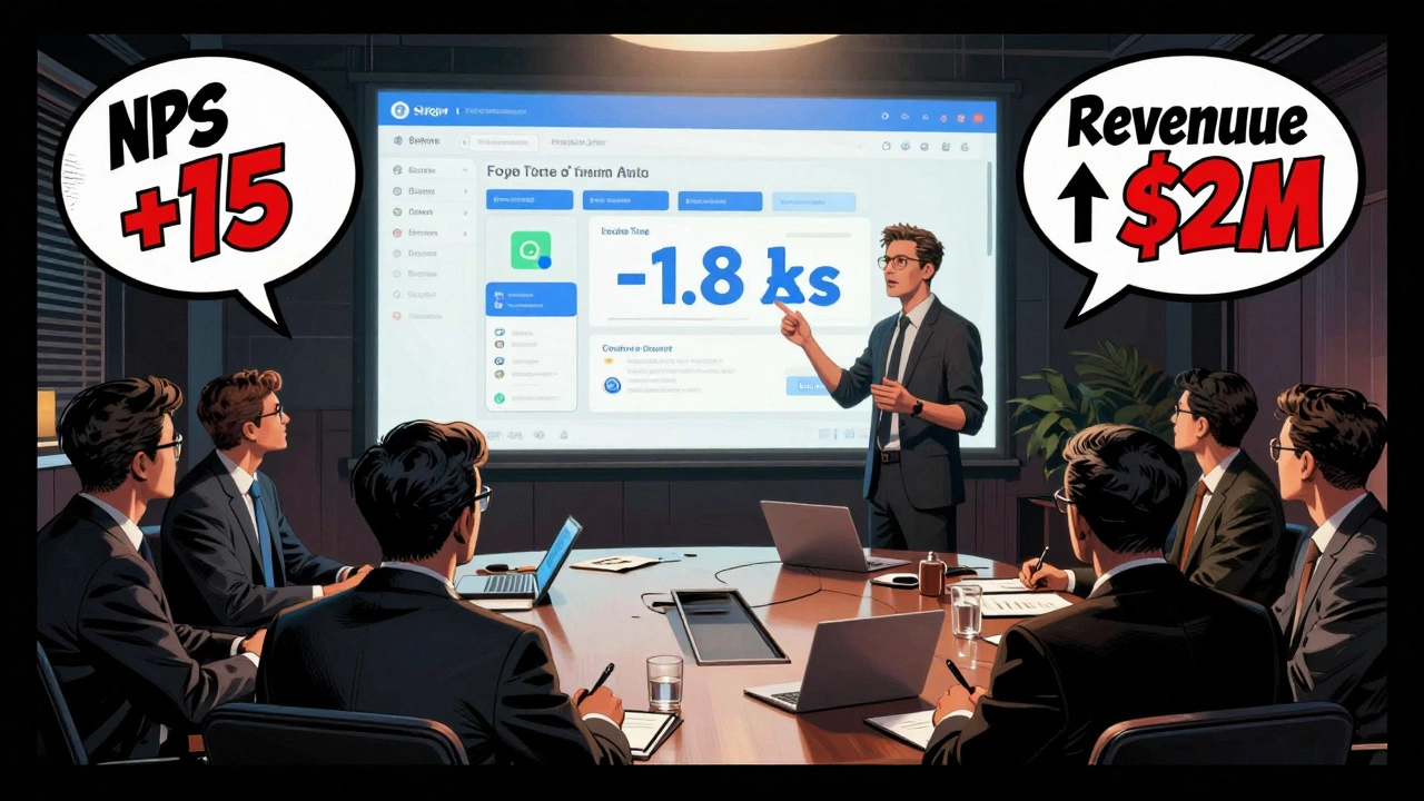 Дизайнер представляет результаты дизайна руководству, на экране — сравнение до и после, с данными о росте выручки и улучшении пользовательского опыта.