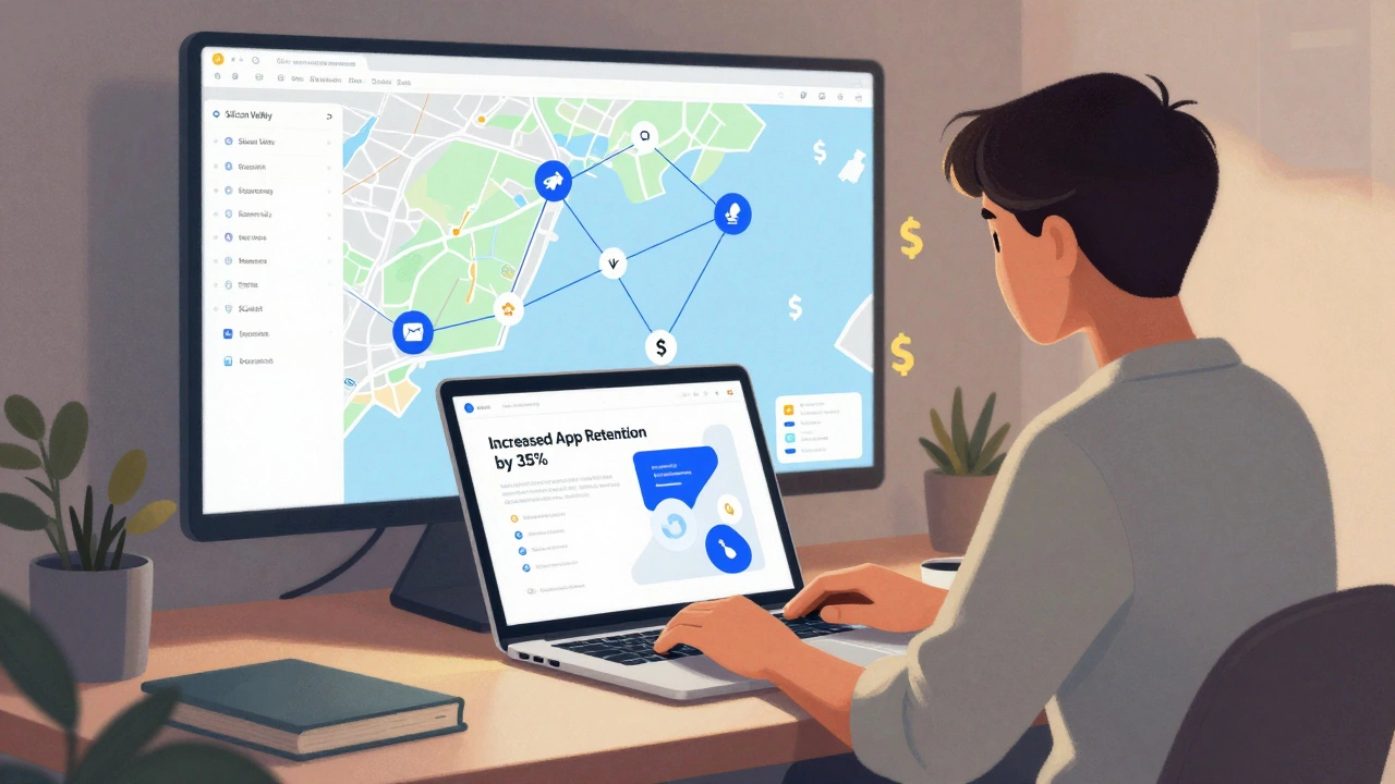 Дизайнер удалённо работает из дома в Огайо, на экране — кейс с ростом удержания пользователей, вокруг — цифровые связи с крупными компаниями США.