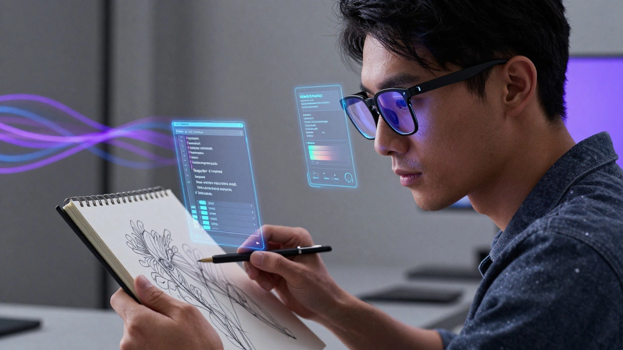 Дизайнер в сотрудничестве с искусственным интеллектом на рабочем месте