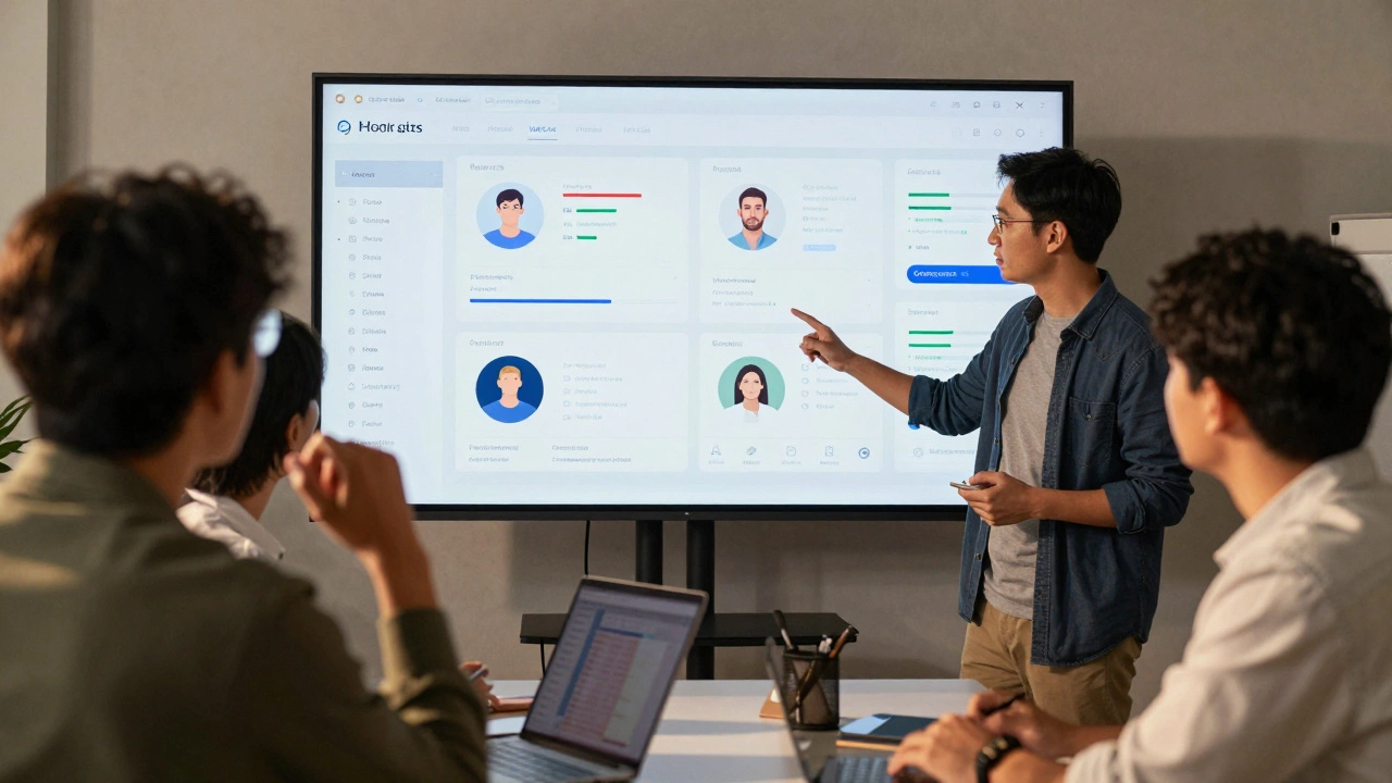 Команда дизайнеров и разработчиков обсуждает единую дизайн-систему на большом экране.
