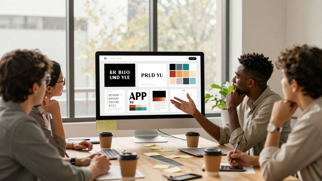 Команда графических дизайнеров обсуждает проект в офисе