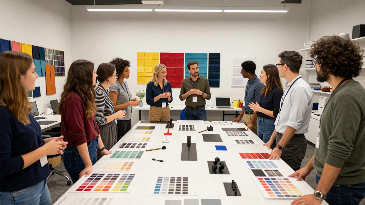 Команда креативщиков обсуждает задачу в студии.