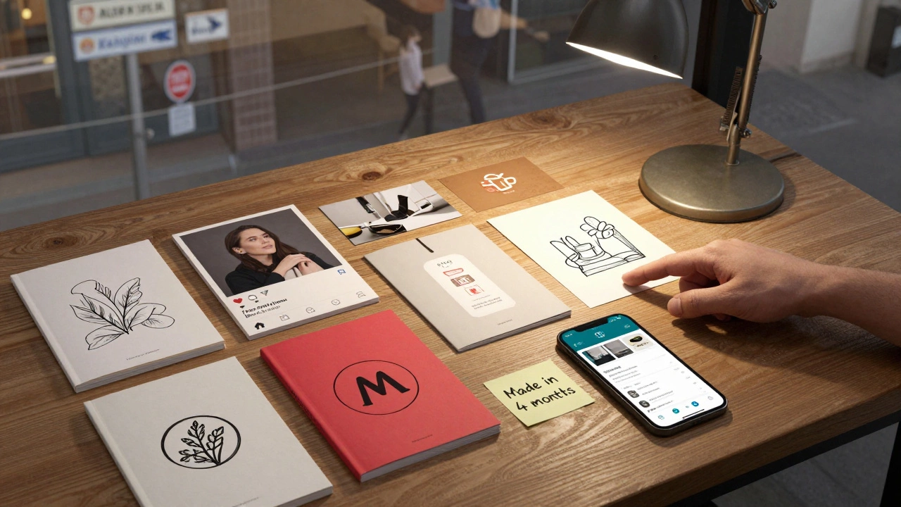 Портфолио графического дизайнера с логотипами, постами и макетами упаковки.