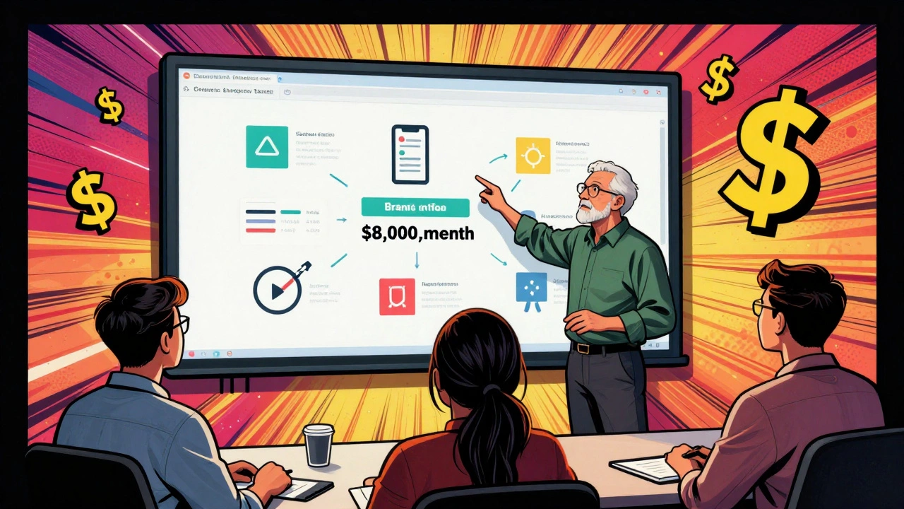 Старший дизайнер руководит командой, демонстрируя систему бренда на большом экране.