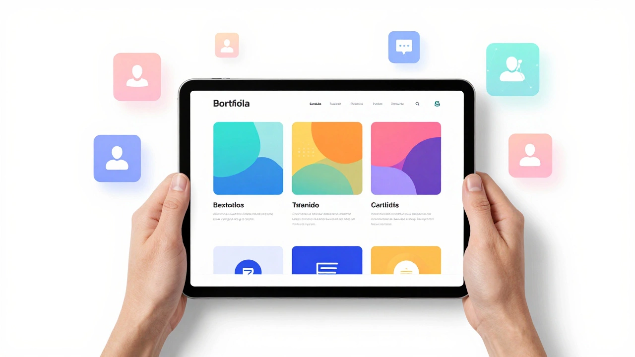 Таблетка с цифровыми примерами работ на белом фоне.
