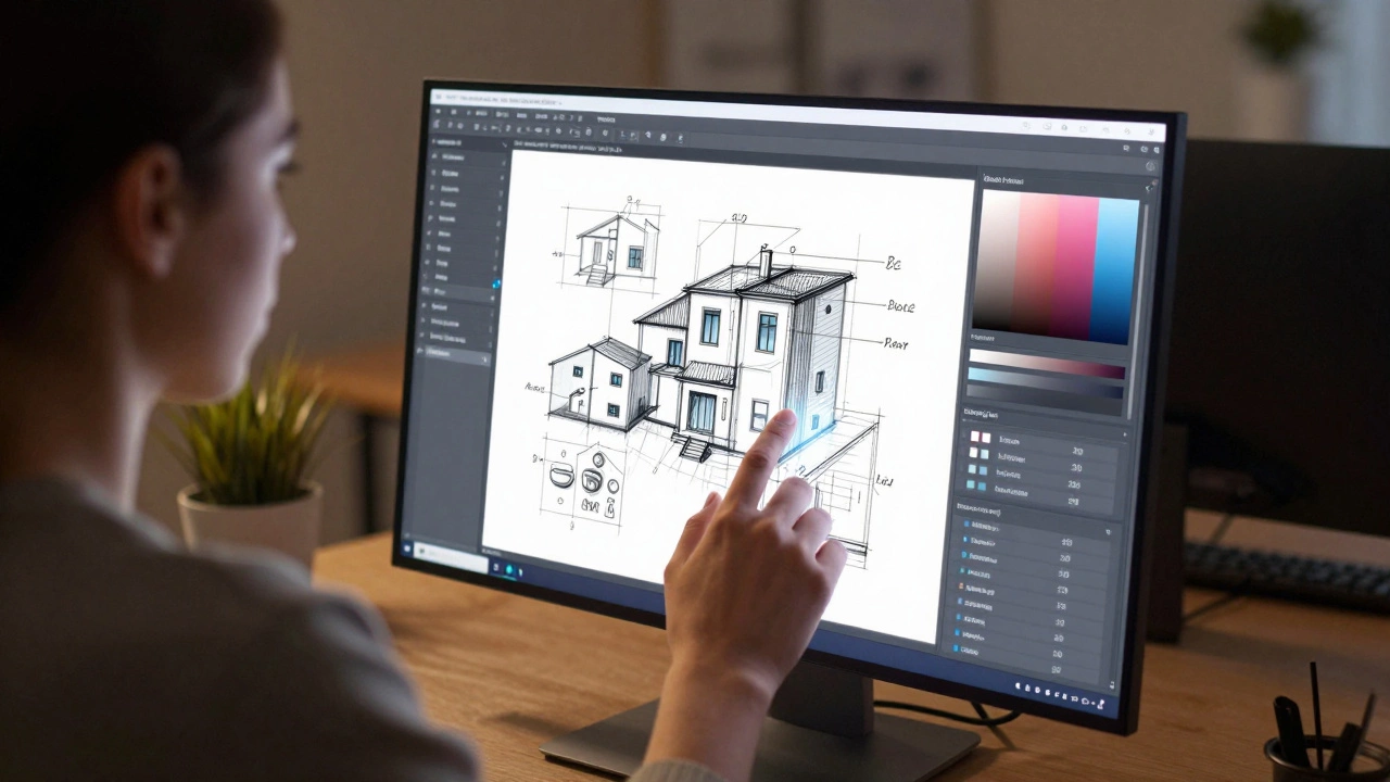 Дизайнер работает с голографическим интерфейсом ИИ для подбора цветовых решений