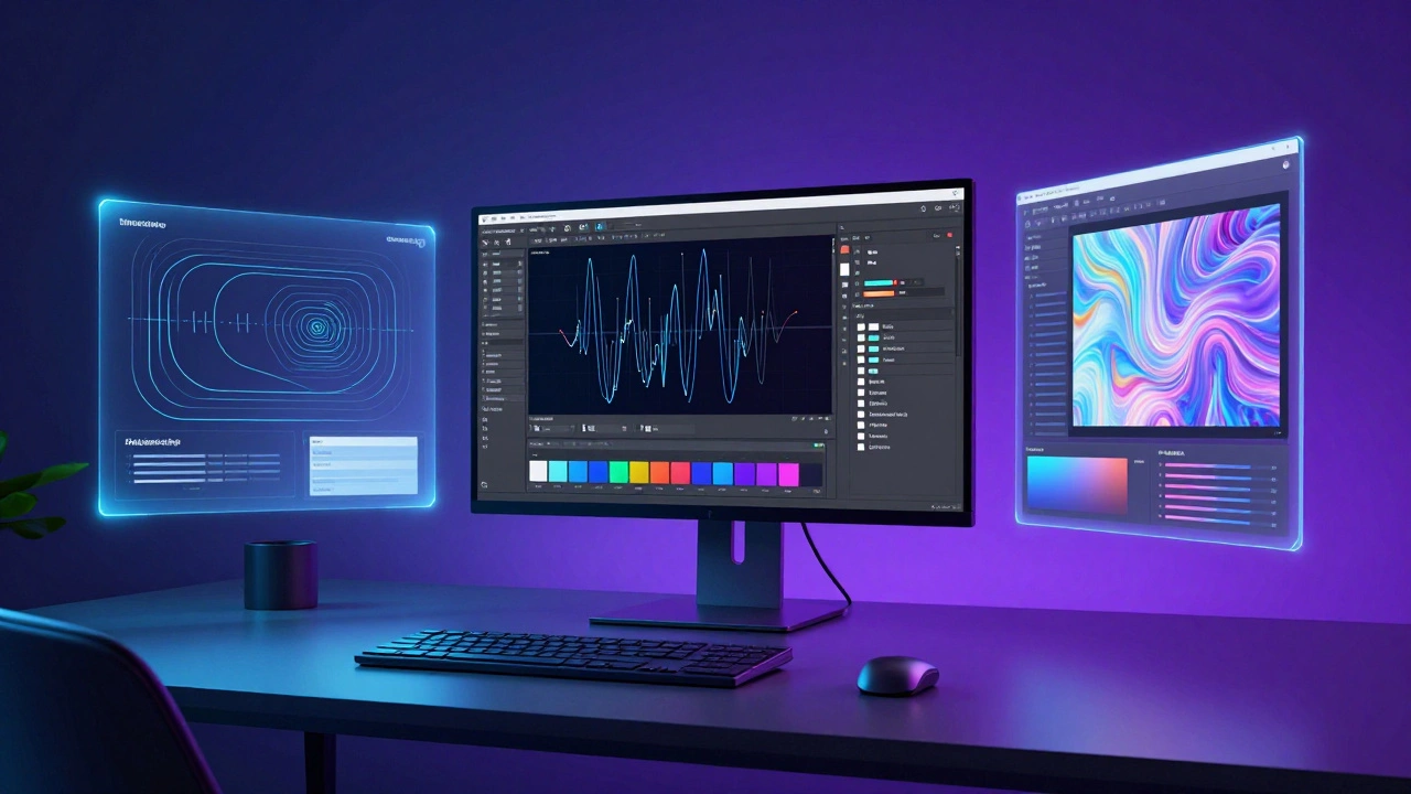 Футуристический интерфейс с инструментами векторной графики, UI-дизайна и нейросетей.