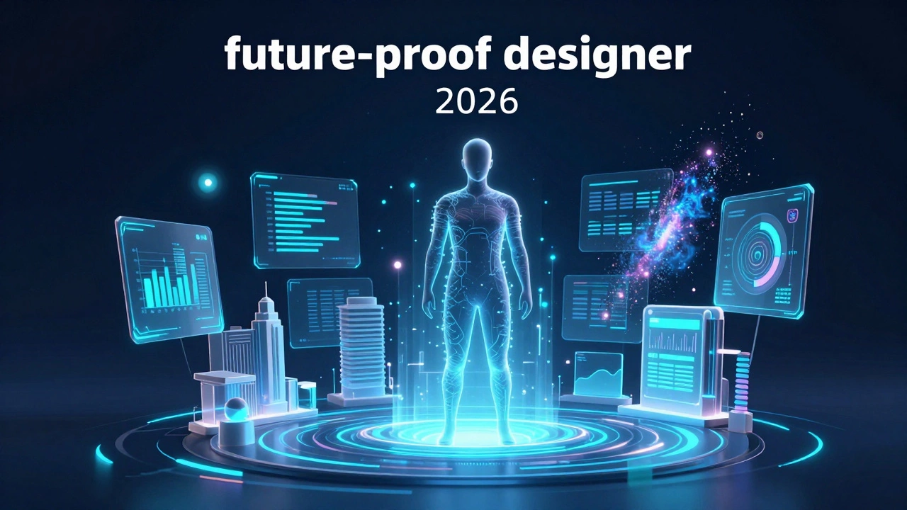 Футуристичный образ дизайнера 2026 года, объединяющего ИИ, моушн-дизайн и маркетинг