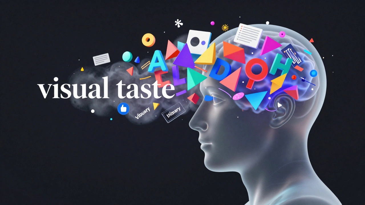 Концептуальное изображение человеческой головы с летающими элементами дизайна и типографикой