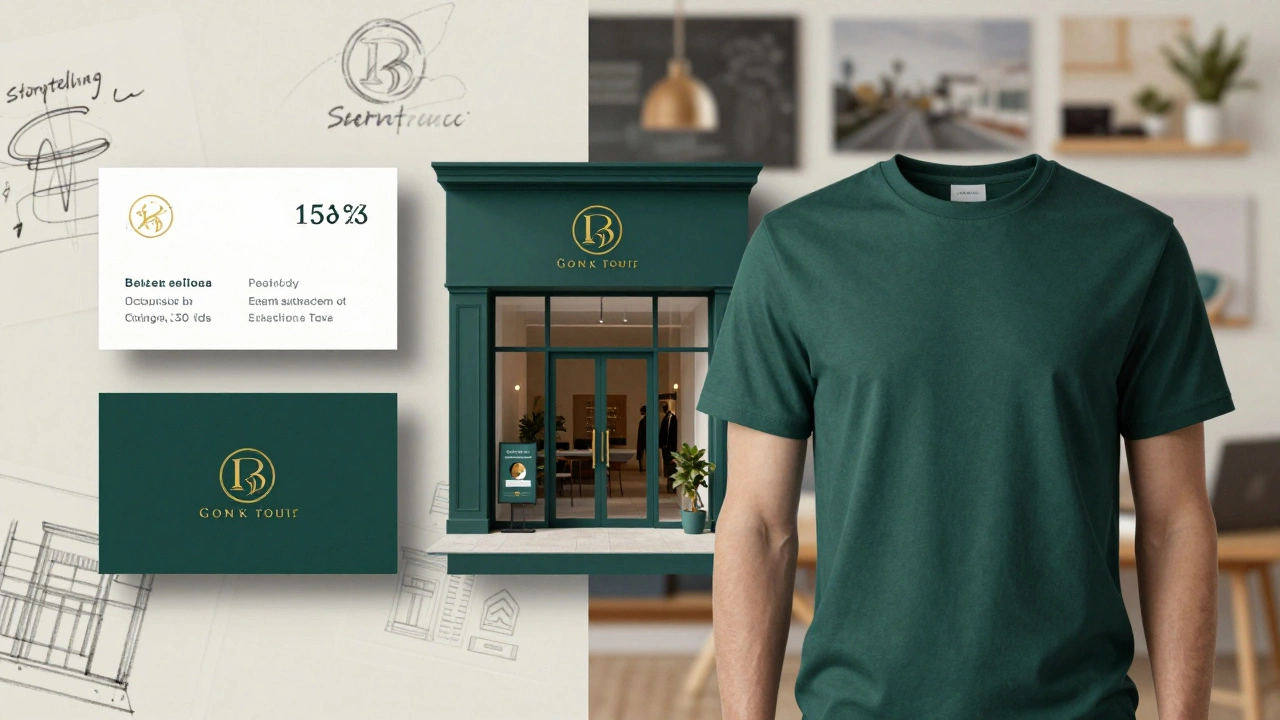 Презентация портфолио с мокапами логотипа на визитке, вывеске и одежде.