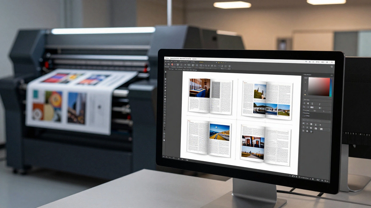 Процесс верстки многостраничного издания на мониторе и печатный станок на заднем плане