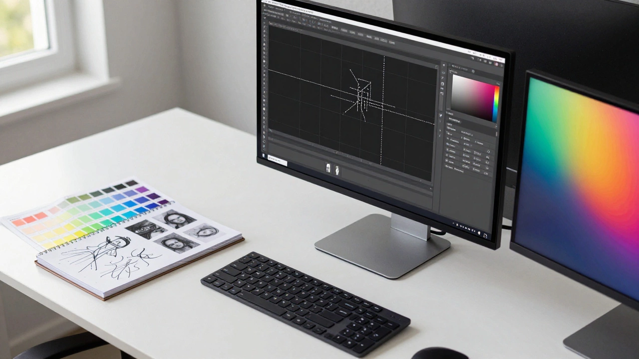 Рабочий стол дизайнера с монитором, пантонами и скетчбуком для создания брендинга