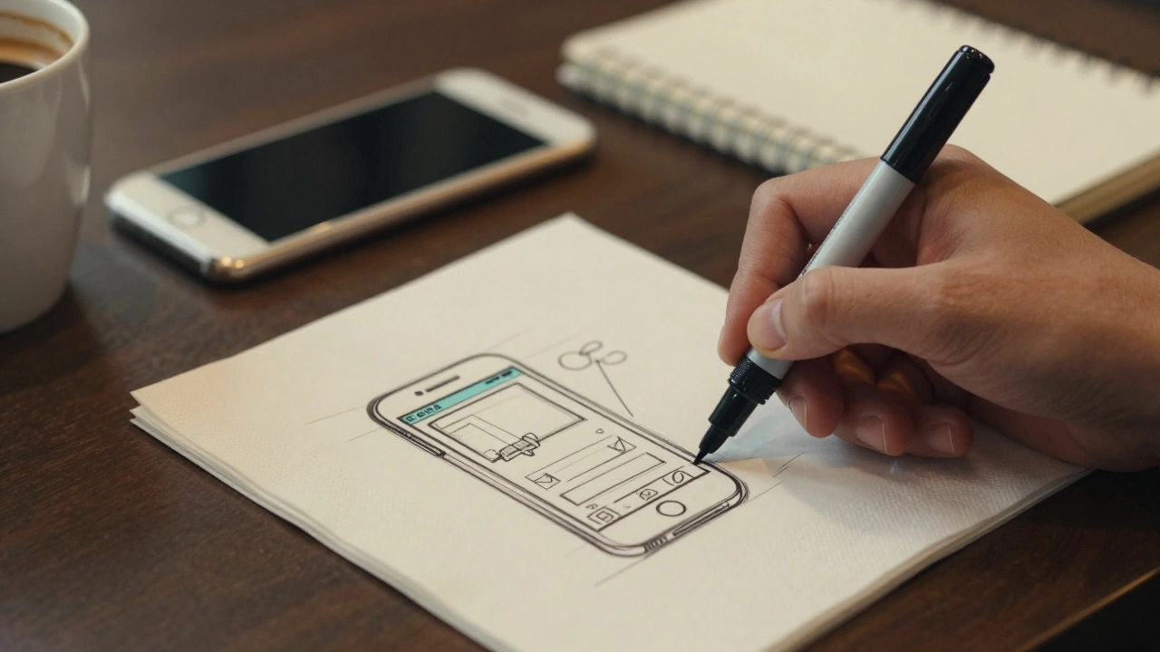 Рука дизайнера рисует быстрый набросок интерфейса приложения на салфетке в кафе