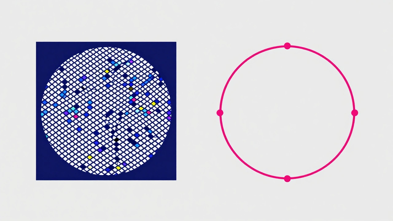 Сравнение растровой графики с пикселями и векторной графики с гладкими кривыми Безье